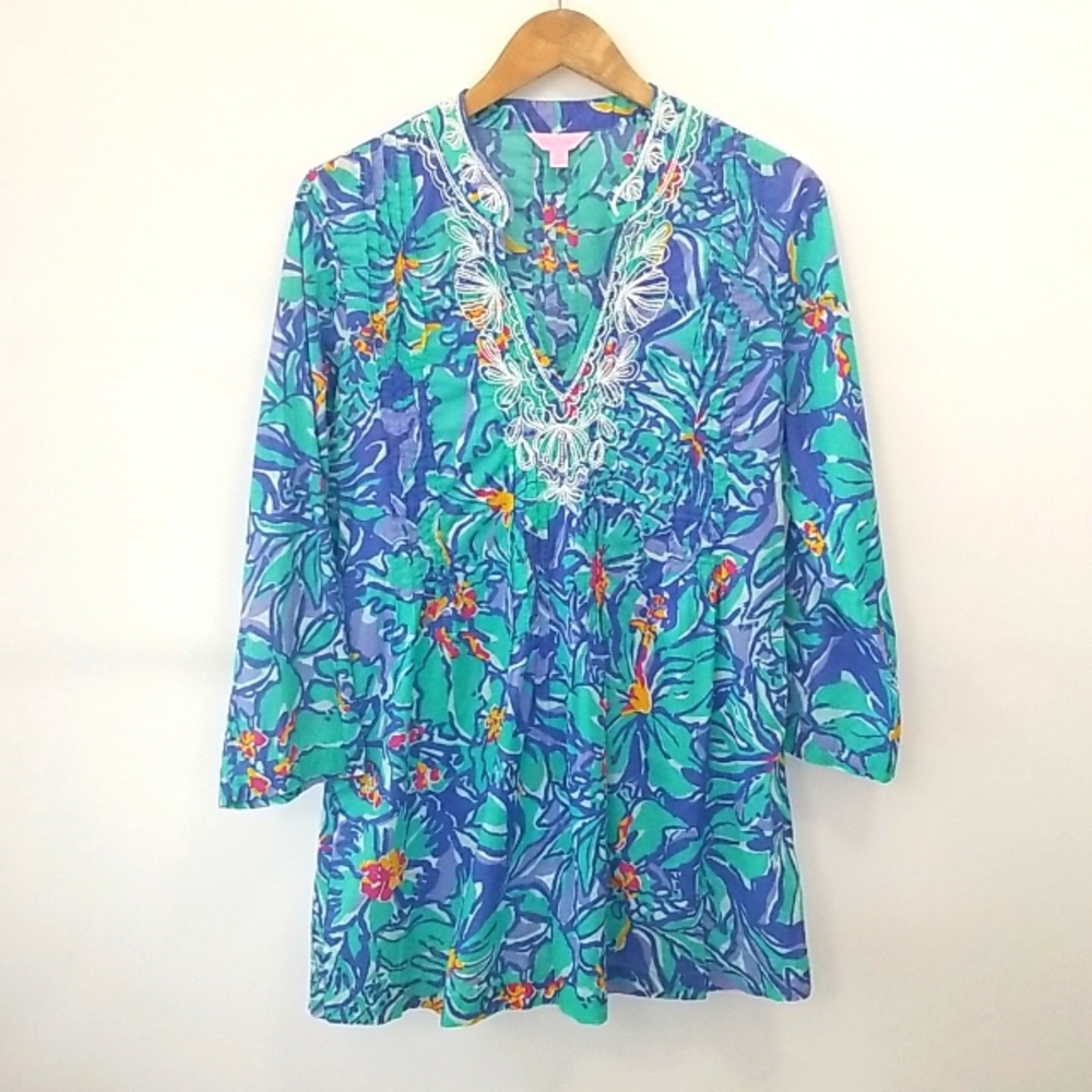 Women's Blue & Teal Floral Tunic with Embroidered V-Neck